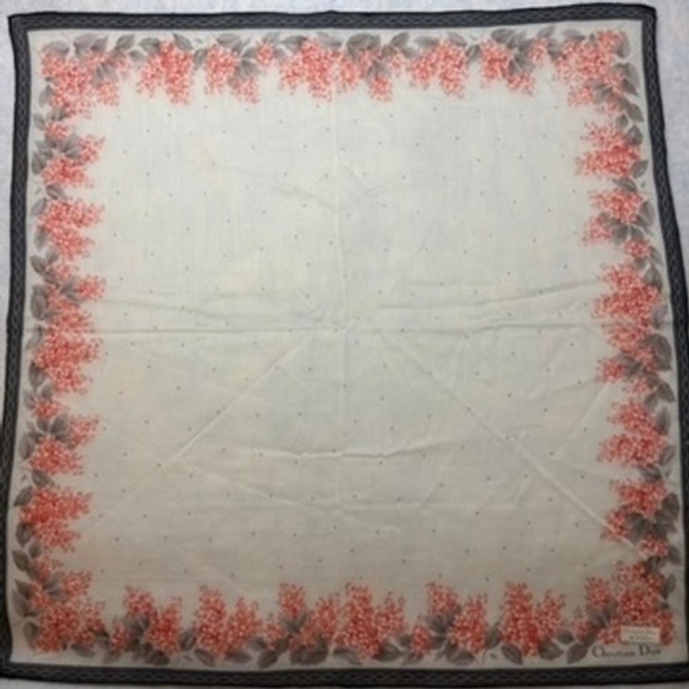 VTG CHRISTIAN DIOR Scarf Handkerchief Floral Polka Dot Cotton White Coral 18.5"